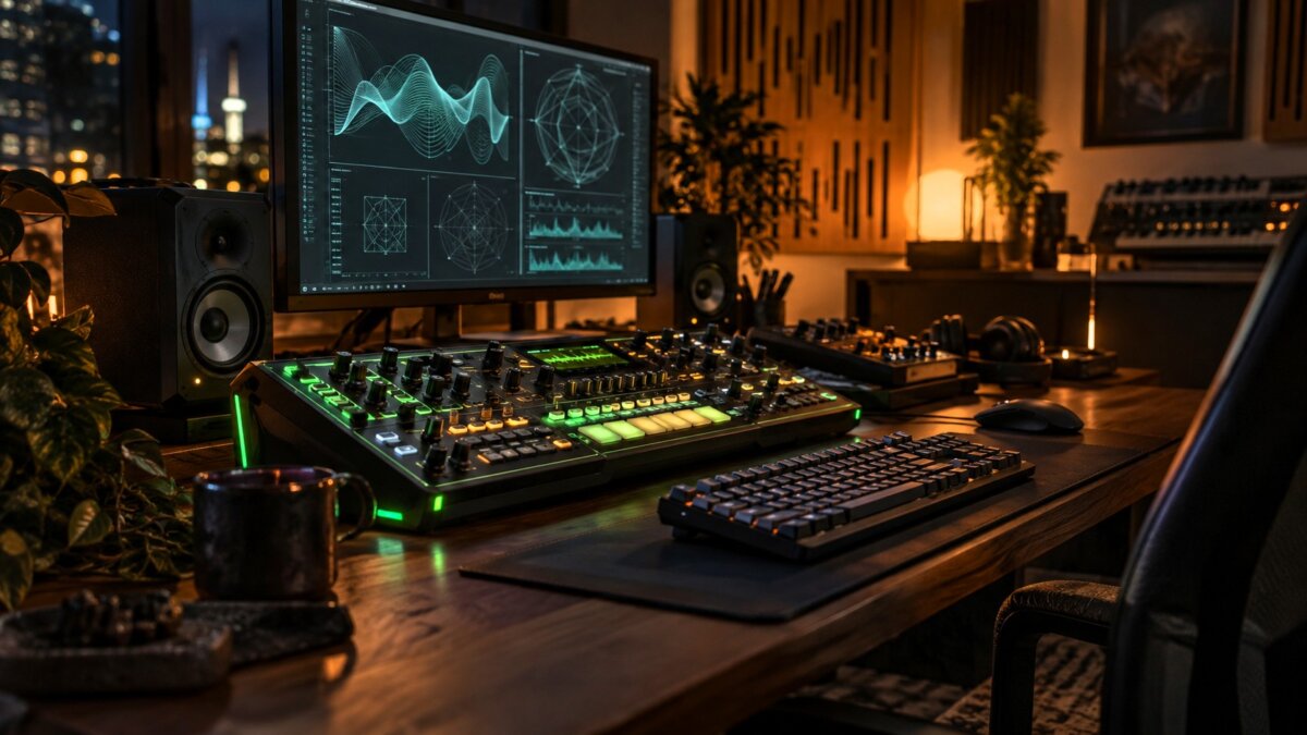 Moderner Tonstudio-Arbeitsplatz mit beleuchtetem Synthesizer, Studiomonitoren und Bildschirm zur Audioanalyse