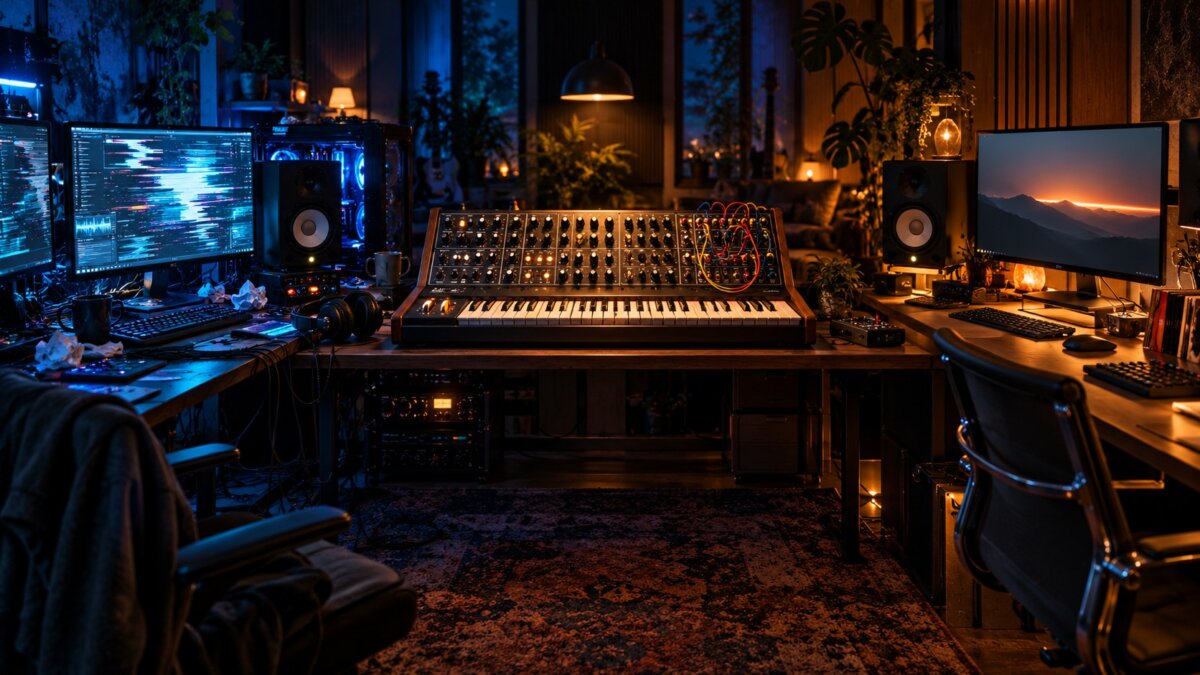 Atmosphärisch beleuchtetes Tonstudio mit einem analogen Synthesizer, Studiomonitoren und mehreren Bildschirmen