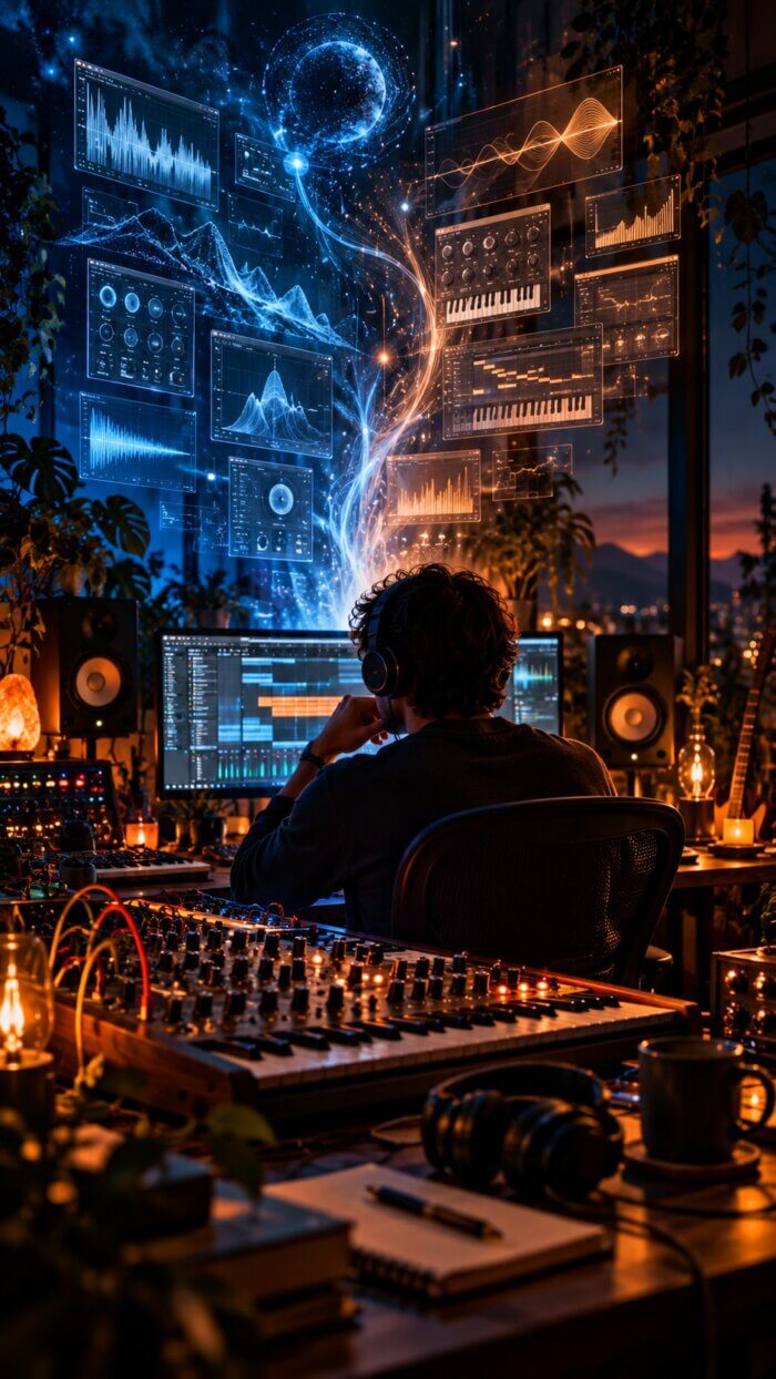 Musikproduzent im Tonstudio vor Bildschirmen mit schwebenden, leuchtenden Audio-Visualisierungen